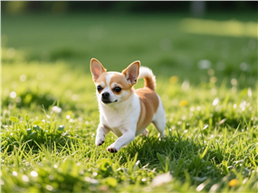 草地欢快奔跑的吉娃娃犬图片